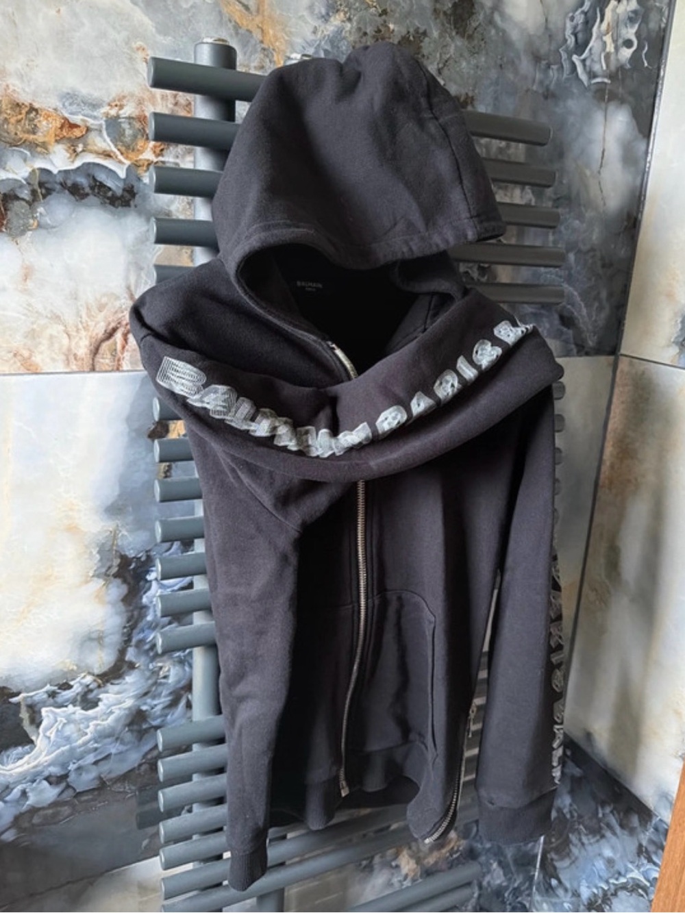 Balmain Black Zip-Up Hoodie with Sleeve Logo